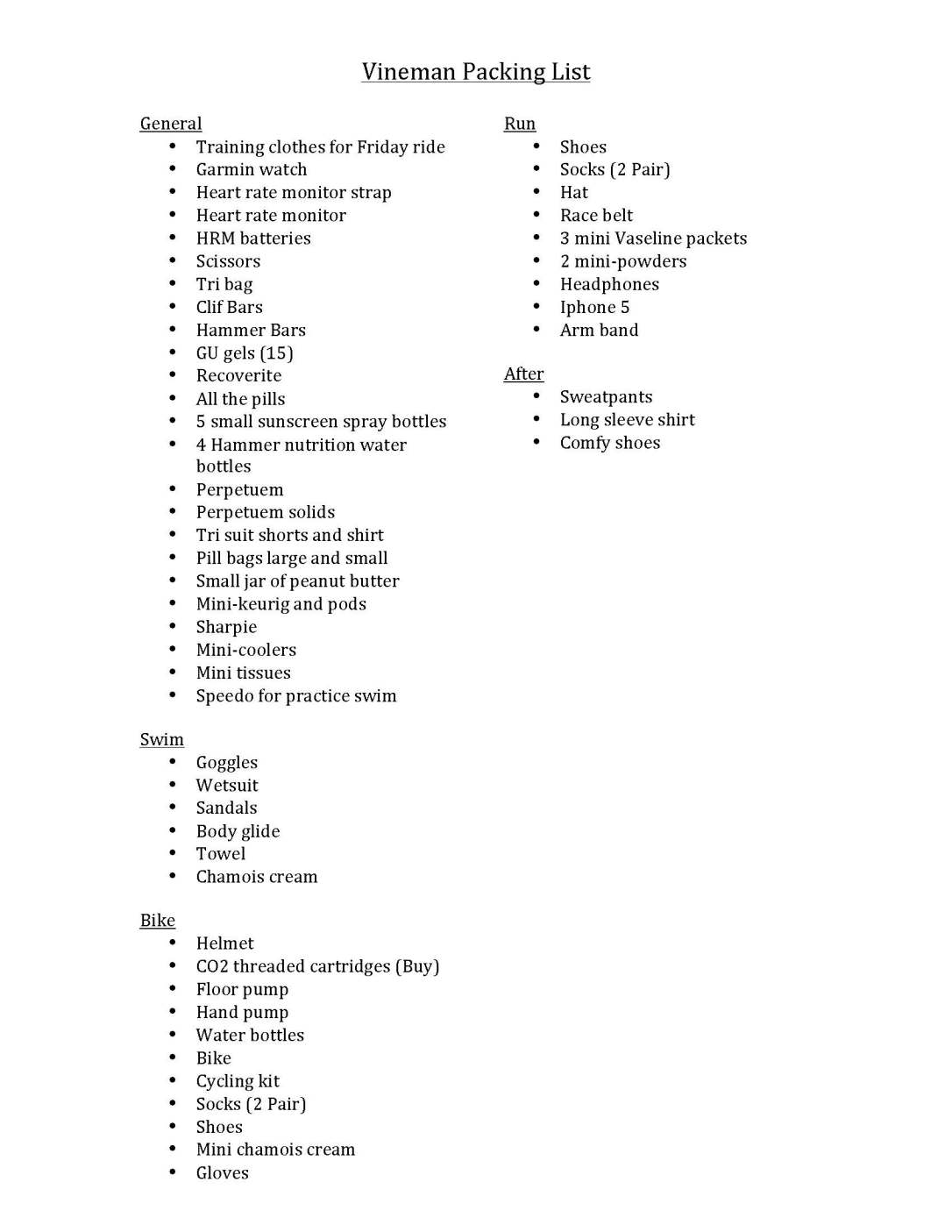 Vineman Packing List